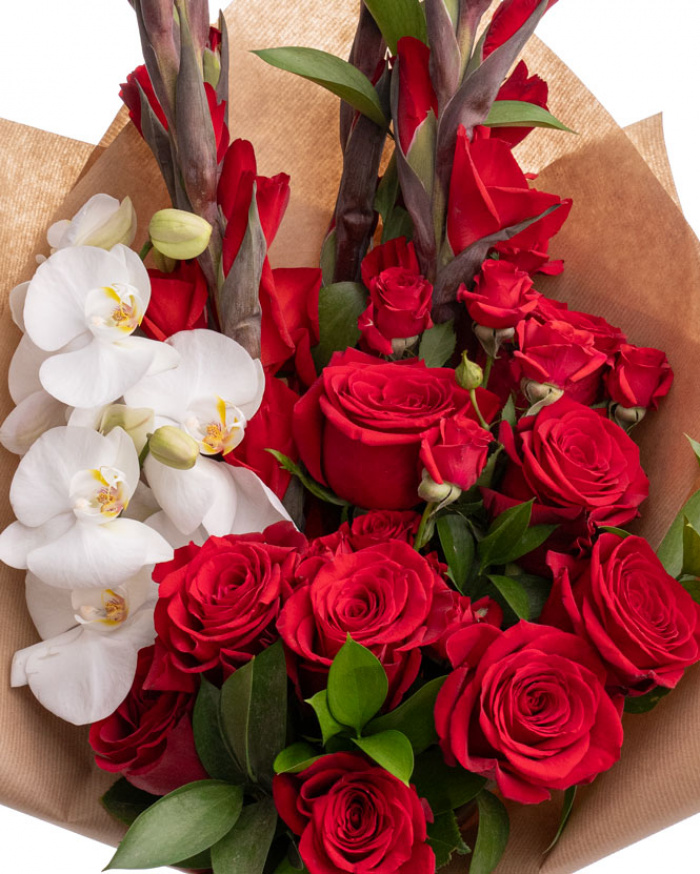 Gladiolus, rose and orchid bouquet