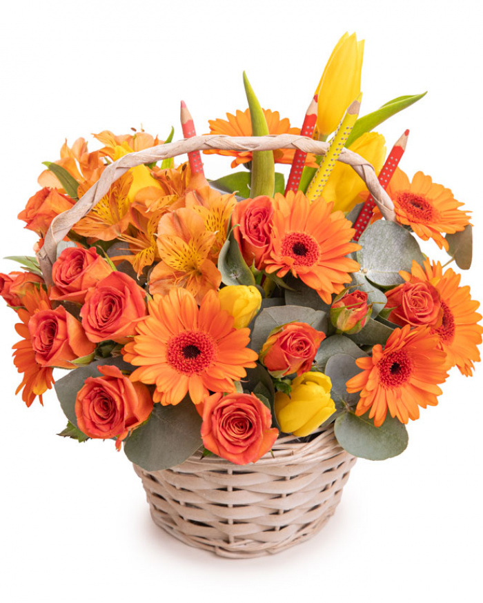 "Back to School" rose and tulip basket with colorful pencils