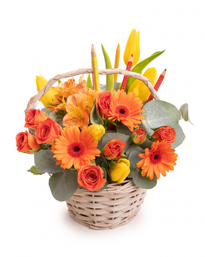 "Back to School" rose and tulip basket with colorful pencils – the image 1
