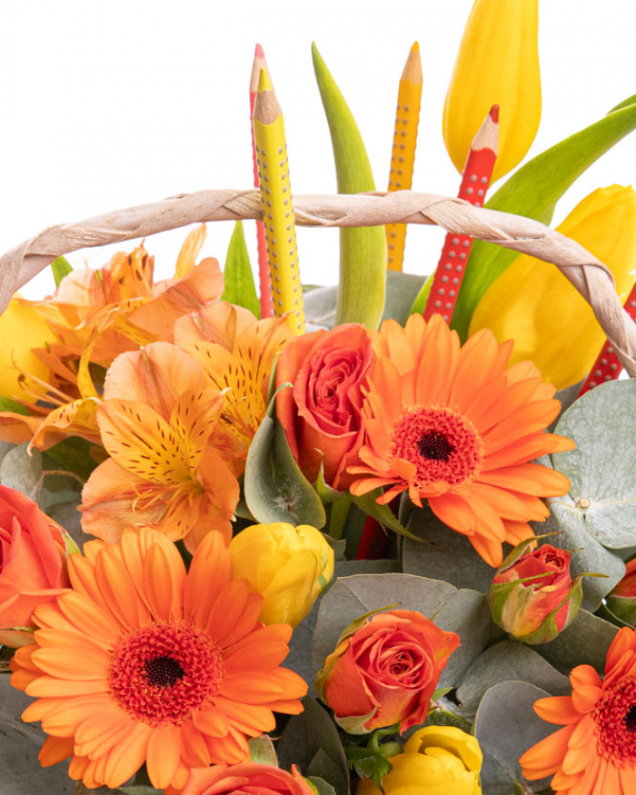 "Back to School" rose and tulip basket with colorful pencils – the image 2