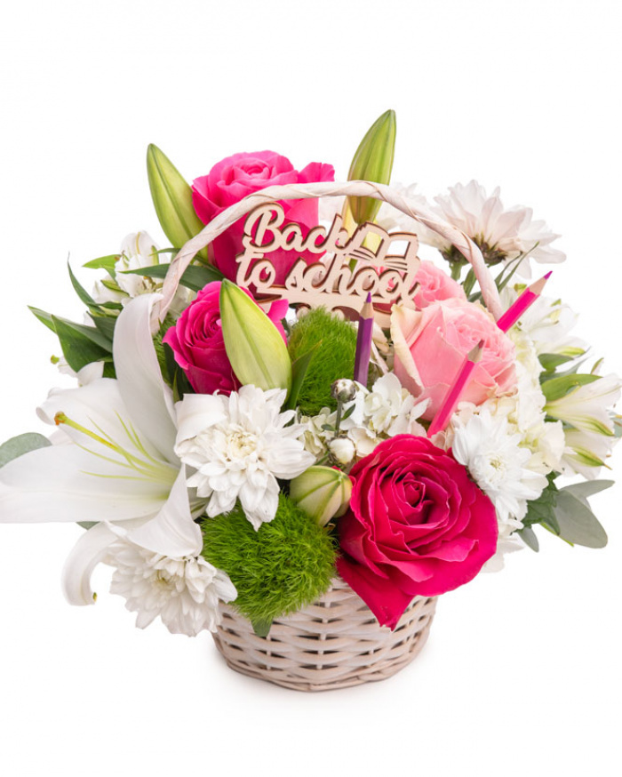 "Back to School" rose and lily basket with colorful pencils – imaginea 1