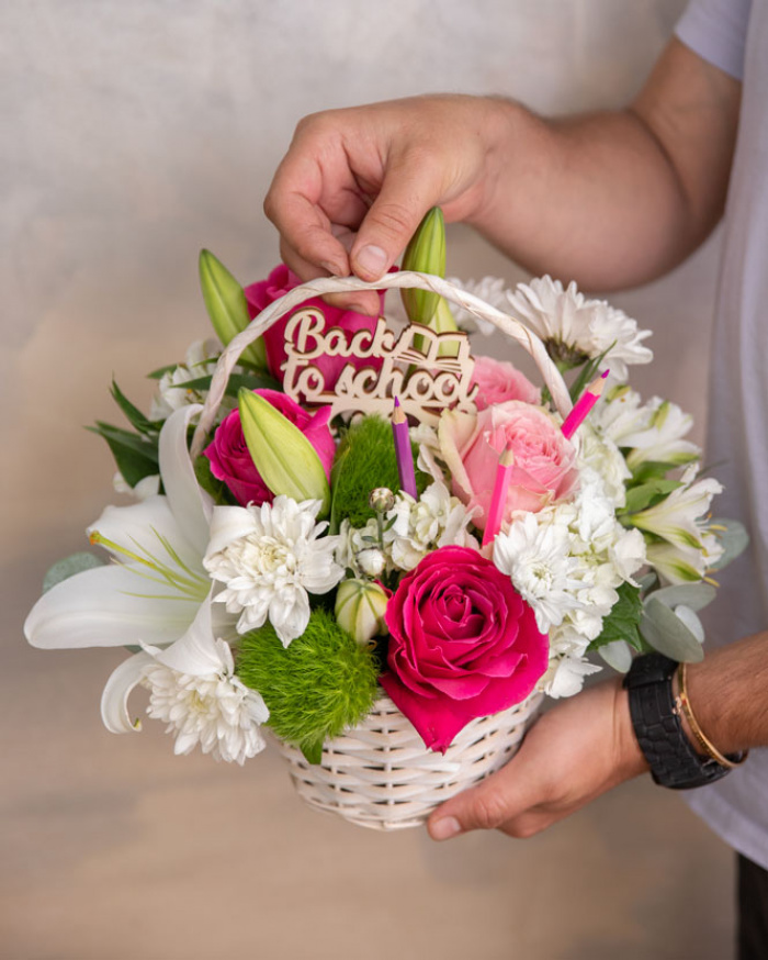"Back to School" rose and lily basket with colorful pencils – imaginea 3