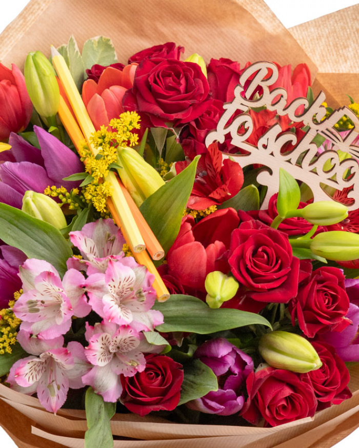 "Back to school" flower bouquet with colorful pencils