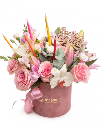 "Back to school" rose and orchid arrangement with colorful pencils