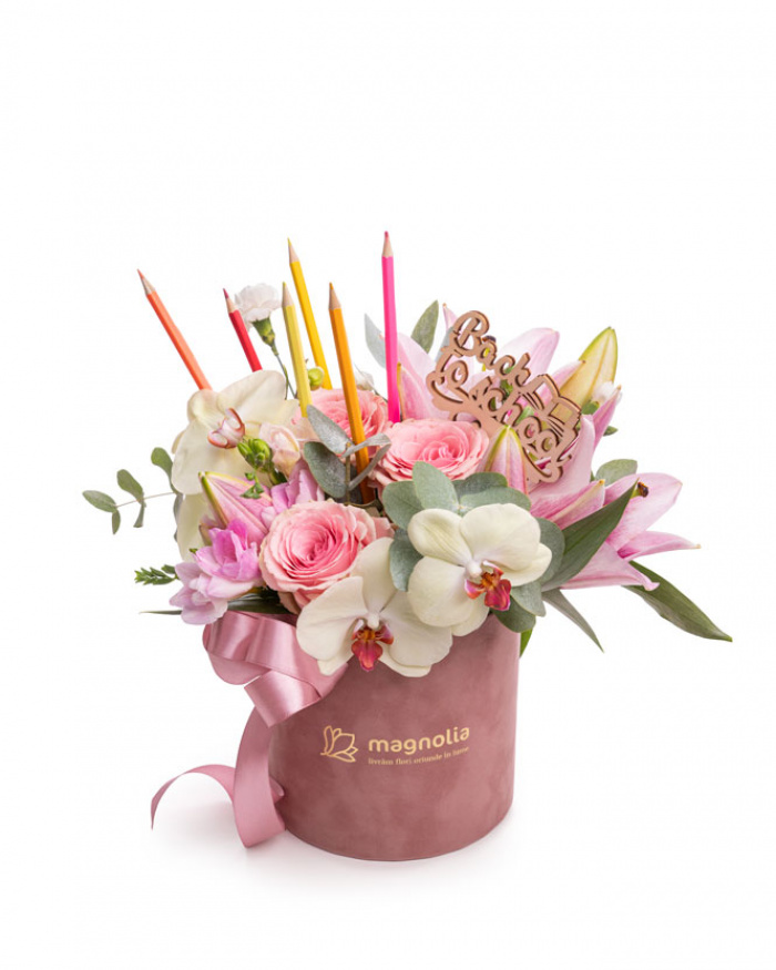 "Back to school" rose and orchid arrangement with colorful pencils – the image 1