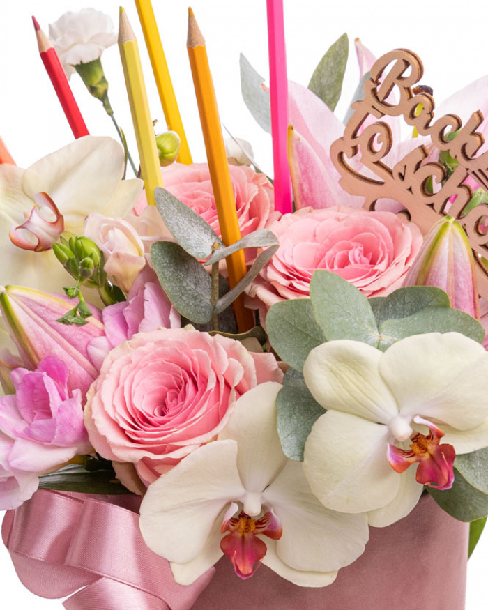 "Back to school" rose and orchid arrangement with colorful pencils – the image 2