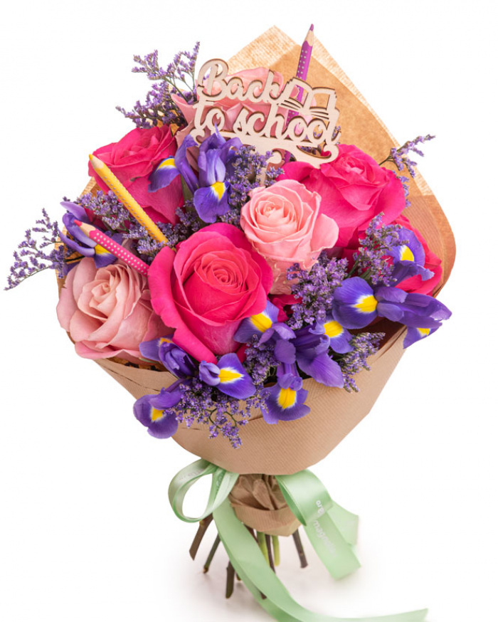 "Back to school" pink rose and iris bouquet