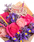"Back to school" pink rose and iris bouquet