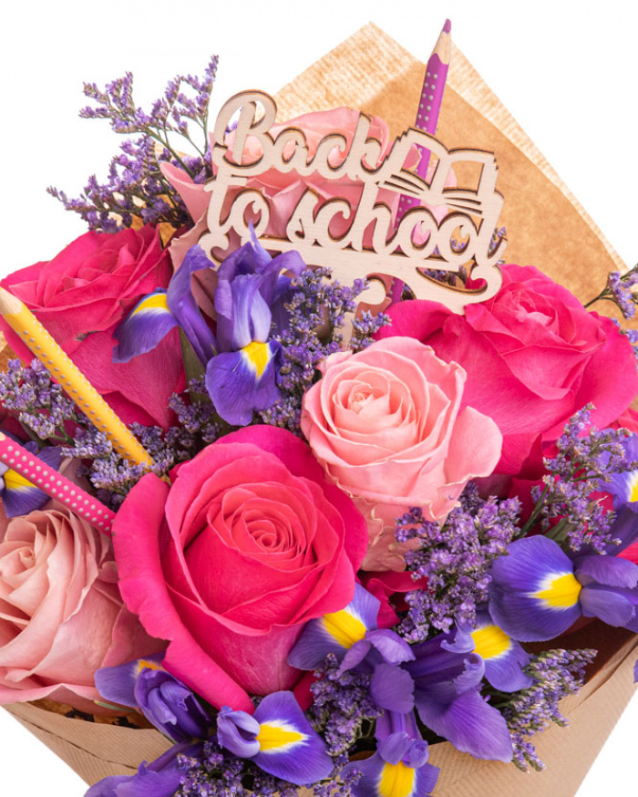 "Back to school" pink rose and iris bouquet