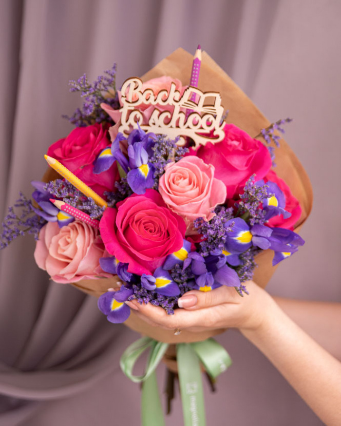 "Back to school" pink rose and iris bouquet