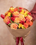 Bouquet of orange roses and red tulips