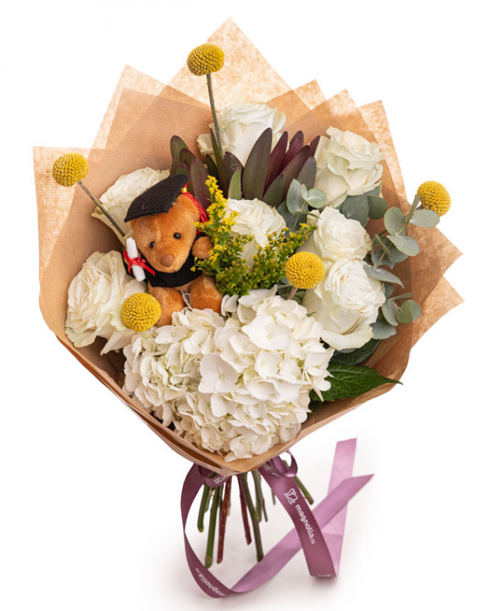 Graduation bouquet with roses and hydrangeas