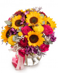 Buchet colorat cu floarea-soarelui și trandafiri – imaginea 1