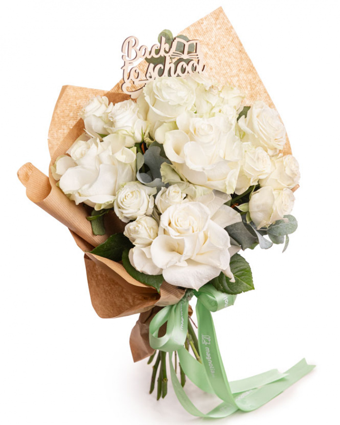 "Back to School" White Rose Bouquet – imaginea 1