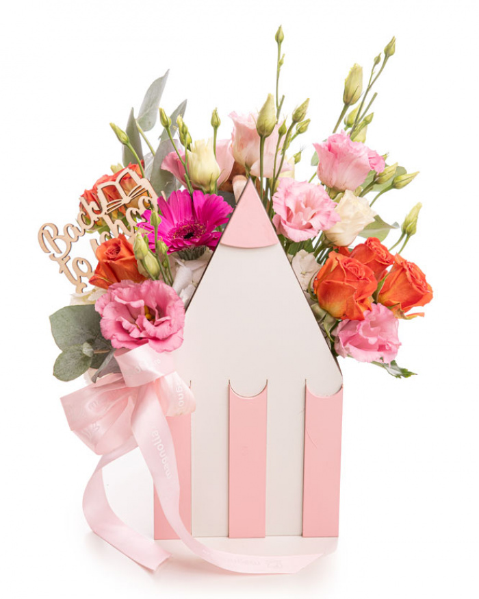 Aranjament cu flori colorate în cutie creion „Back to School" – imaginea 1