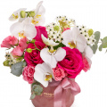 Aranjament floral cu trandafiri și orhidee "Rêverie"