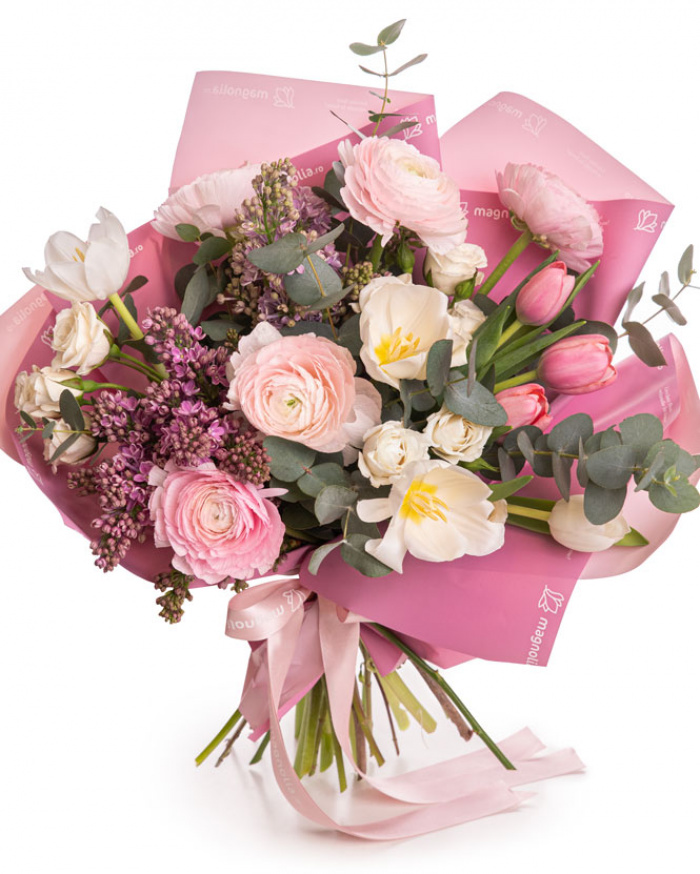 Buchet cu ranunculus și liliac „Pastel Embrace” – imaginea 1