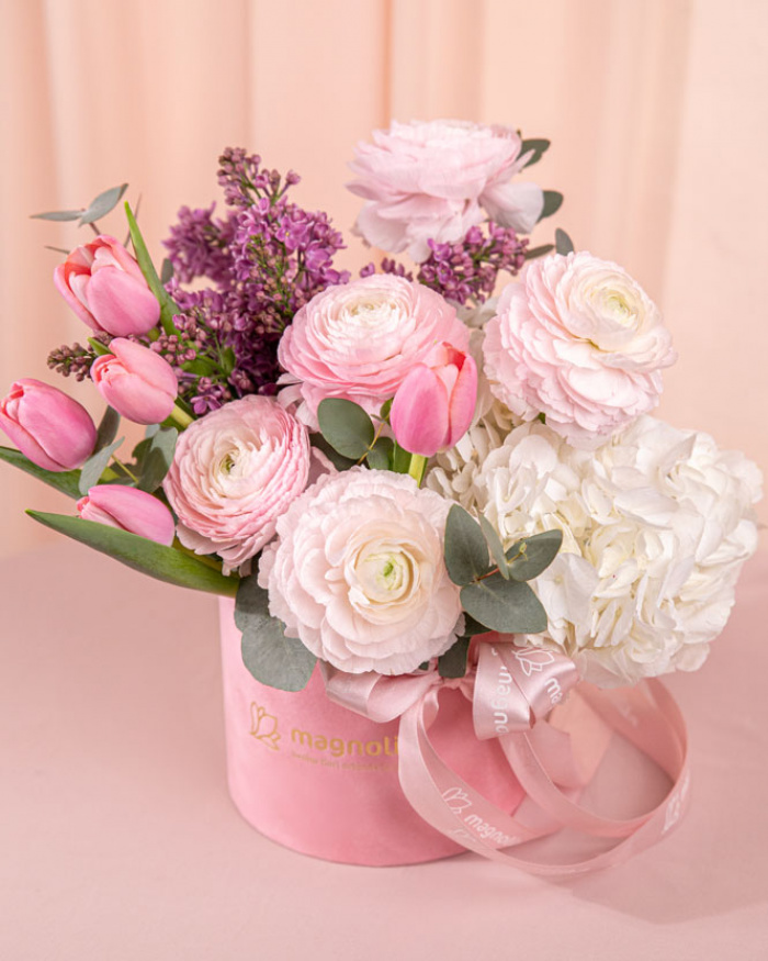 ”Tender Spring” Ranunculus and Lilac Arrangement