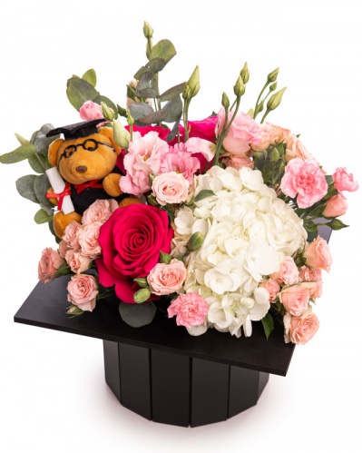 Hydrangea and Rose Graduation Cap Flower Arrangement 