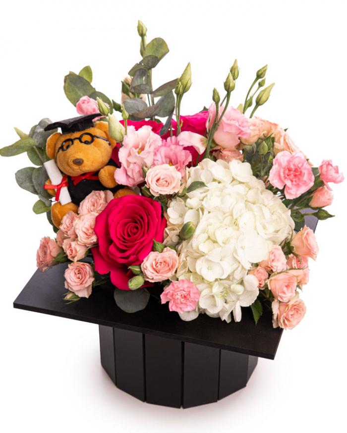 Hydrangea and Rose Graduation Cap Flower Arrangement 