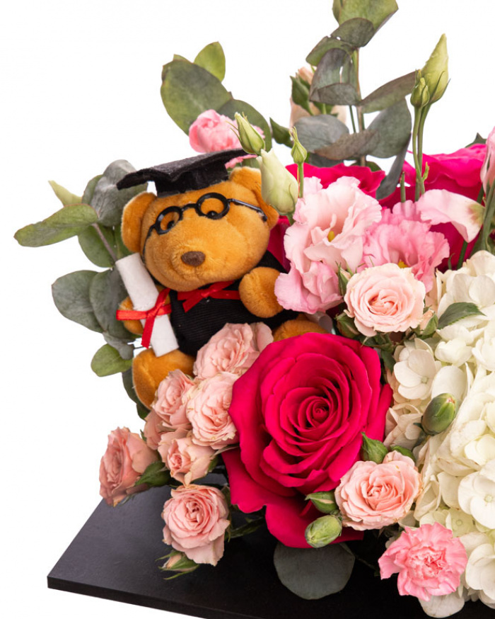 Hydrangea and Rose Graduation Cap Flower Arrangement 