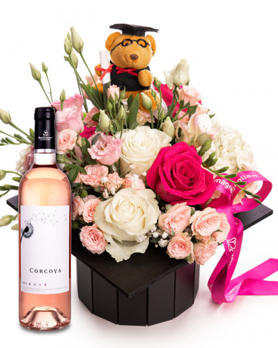 Rose and Teddy Bear Cap Arrangement