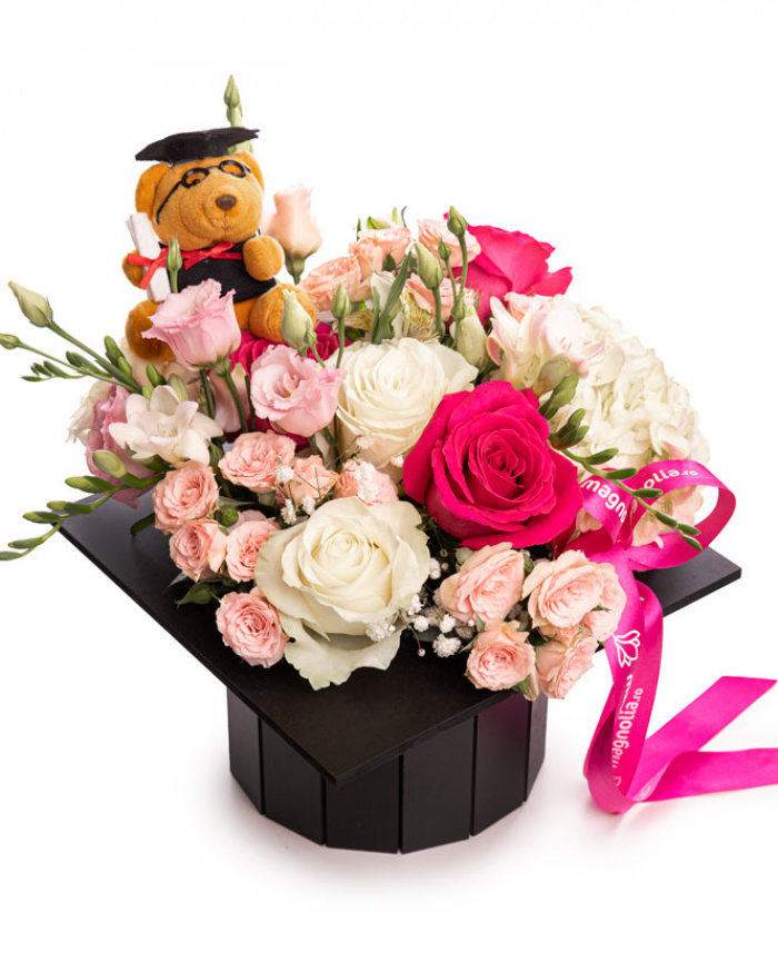 Rose and Teddy Bear Cap Arrangement – the image 1