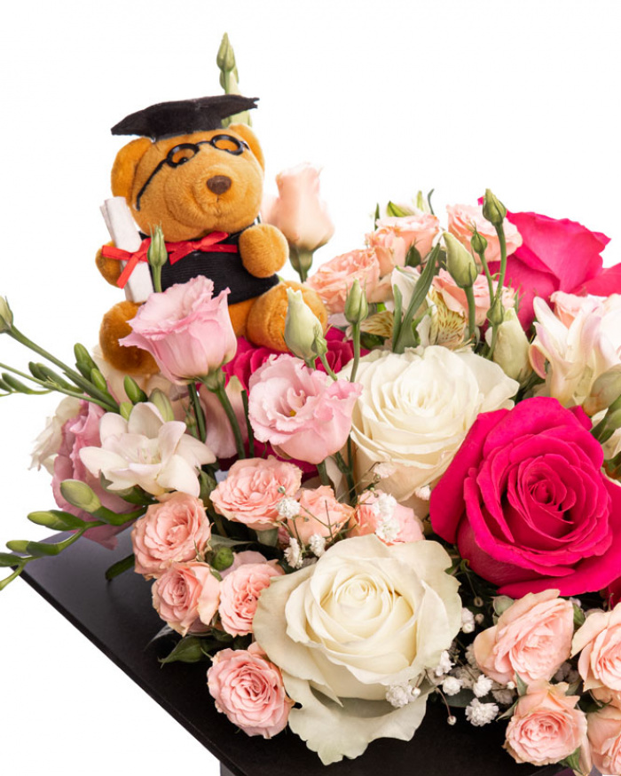 Rose and Teddy Bear Cap Arrangement – the image 2