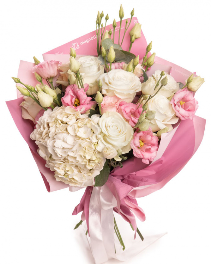 Buchet trandafiri albi și eustoma – imaginea 1