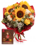 Buchet cu floarea-soarelui, trandafiri si ciocolata, varianta premium