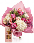 Buchet cu trandafiri si hortensii, varianta premium