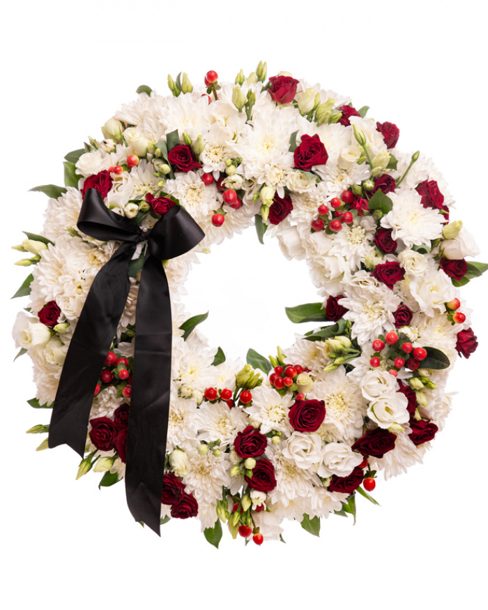 Elegant funeral wreath with white chrysanthemums – imaginea 1