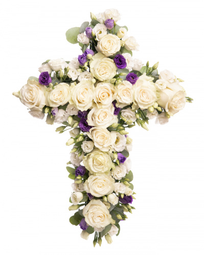 Aranjament funerar în formă de cruce cu trandafiri si eustoma