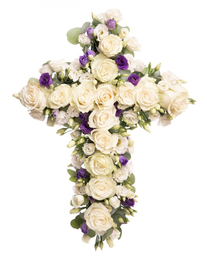 Aranjament funerar în formă de cruce cu trandafiri si eustoma