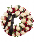 Coroana funerara cu trandafiri albi si rosii