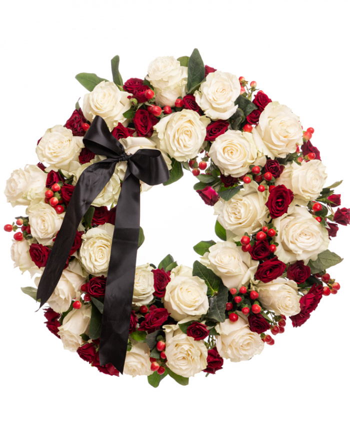 Coroana funerara cu trandafiri albi si rosii