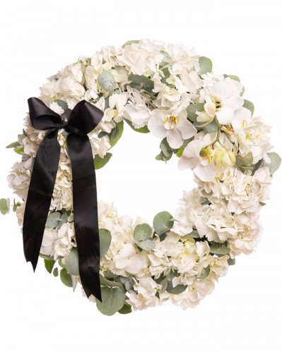 Coroana funerara cu hortensii si orhidee albe