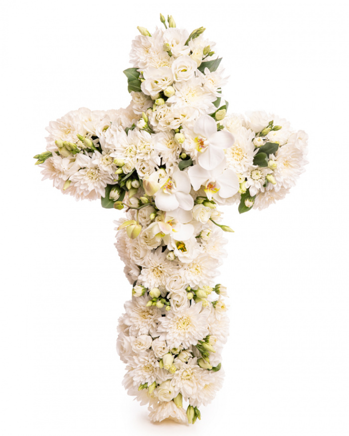 Cruce funerara cu trandafiri, orhidee si eustoma