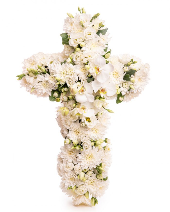 Cruce funerara cu trandafiri, orhidee si eustoma