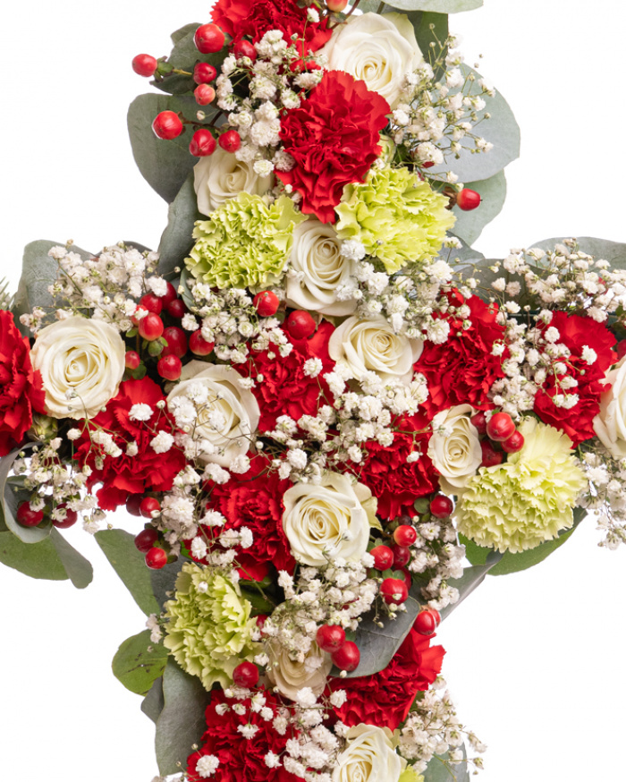 Cruce funerara cu garoafe si gypsophila, detaliu