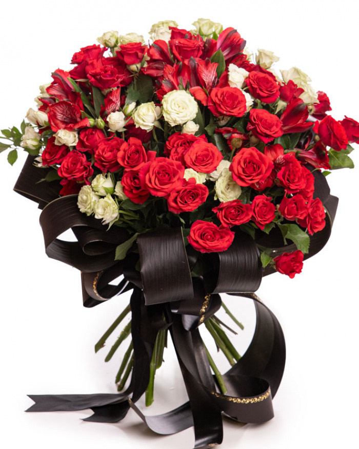 Buchet funerar cu trandafiri si alstroemeria, premium