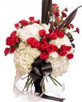 Buchet funerar cu hortensii garoafe si trandafiri, varianta premium