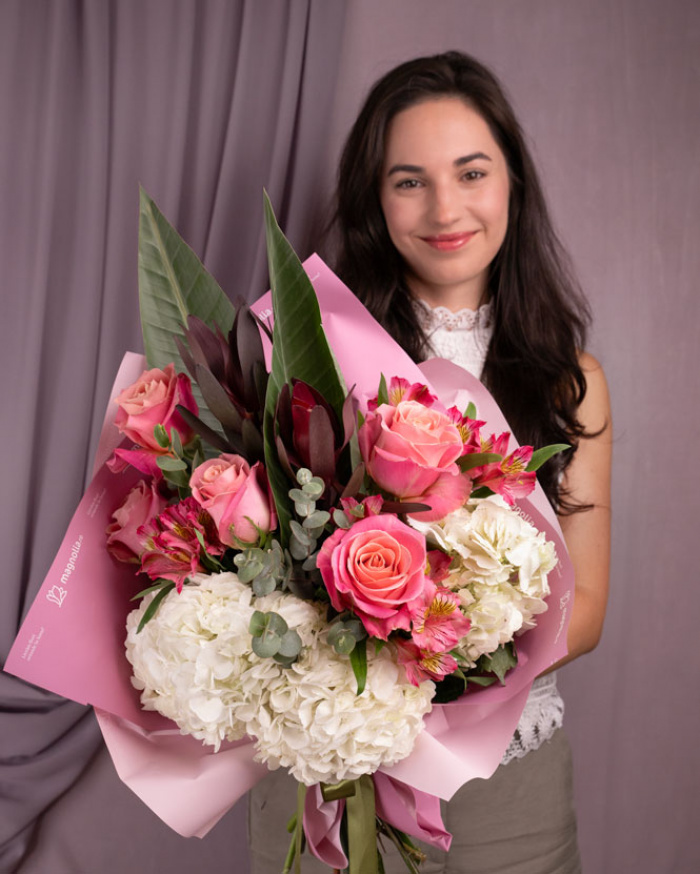 "Whisper of Beauty" pink roses and hydrangea bouquet