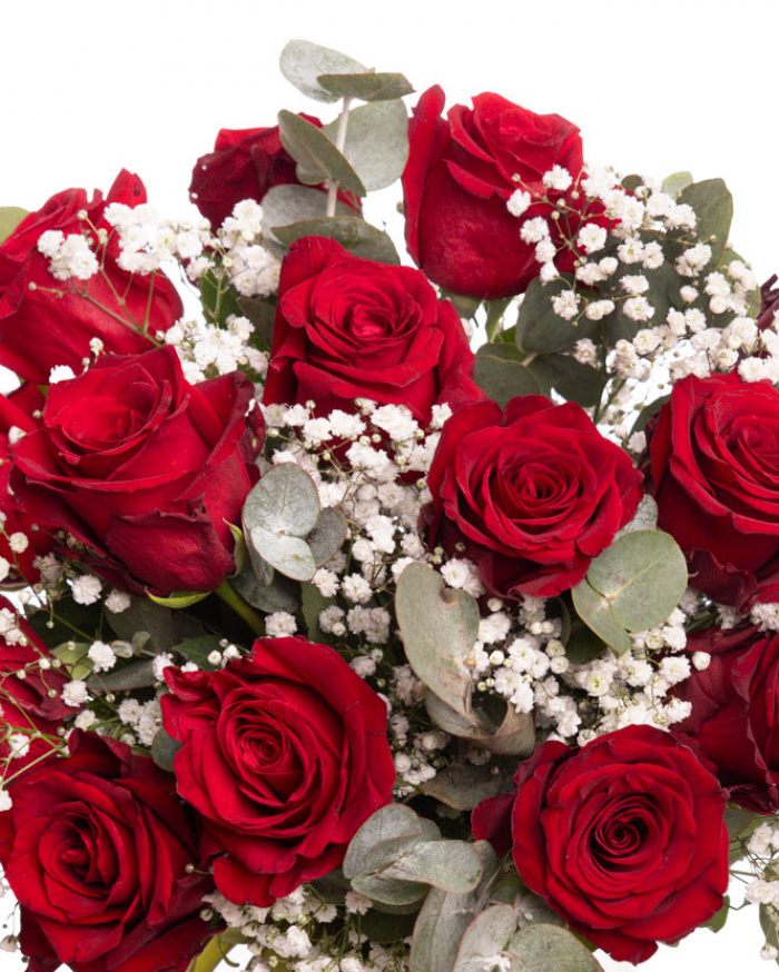 Buchet cu trandafiri rosii si gypsophila, varianta premium, detaliu