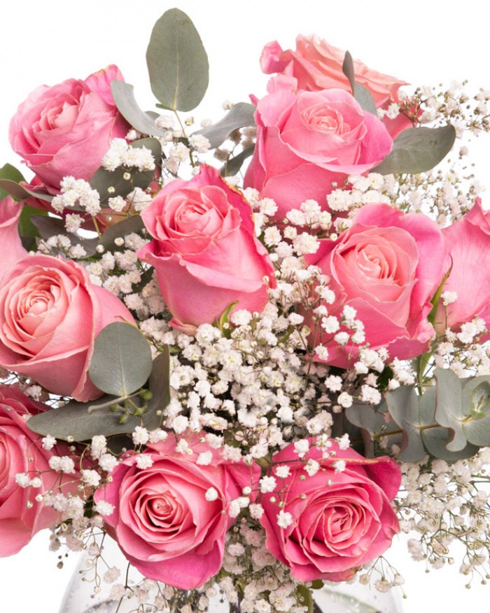 Buchet cu trandafiri roz si gypsophila, varianta premium, detaliu