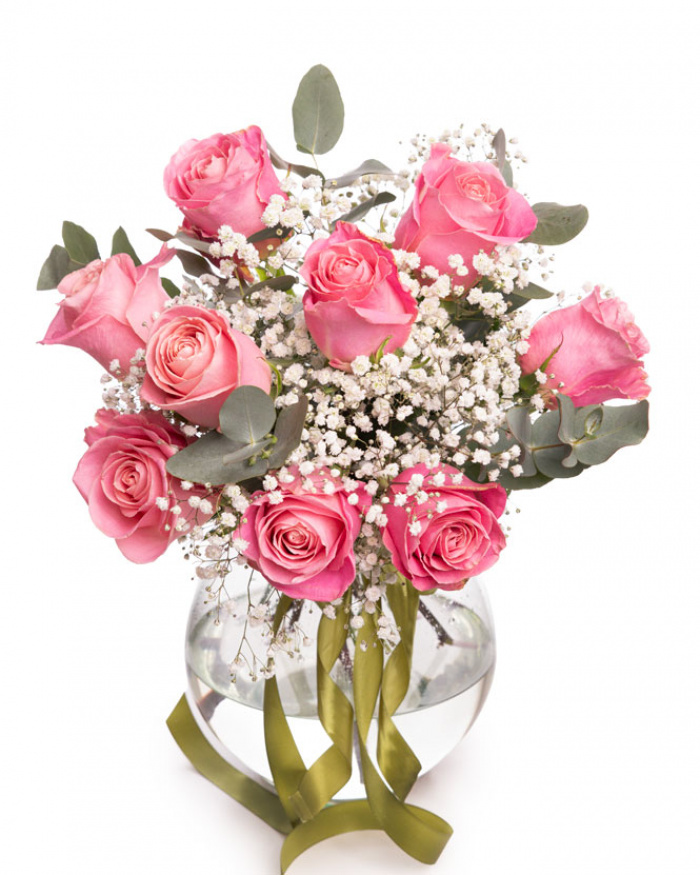 Buchet cu trandafiri roz si gypsophila, varianta standard