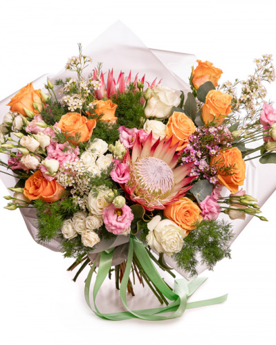 Buchet cu trandafiri portocalii si eustoma varianta premium