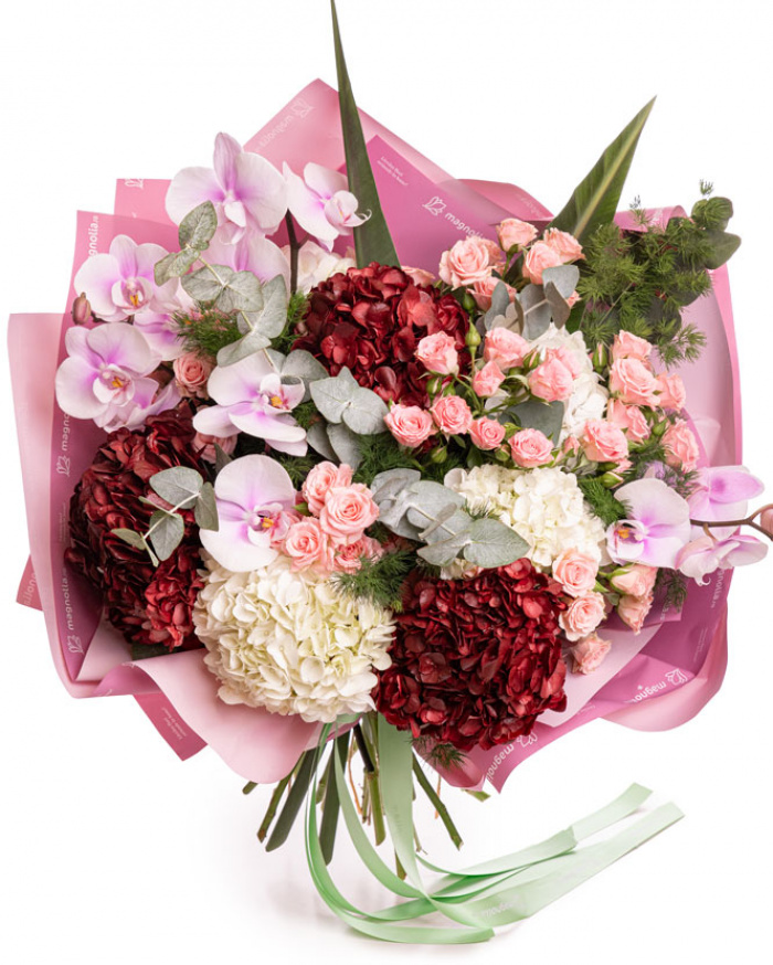Buchet hortensii si orhidee, varianta premium