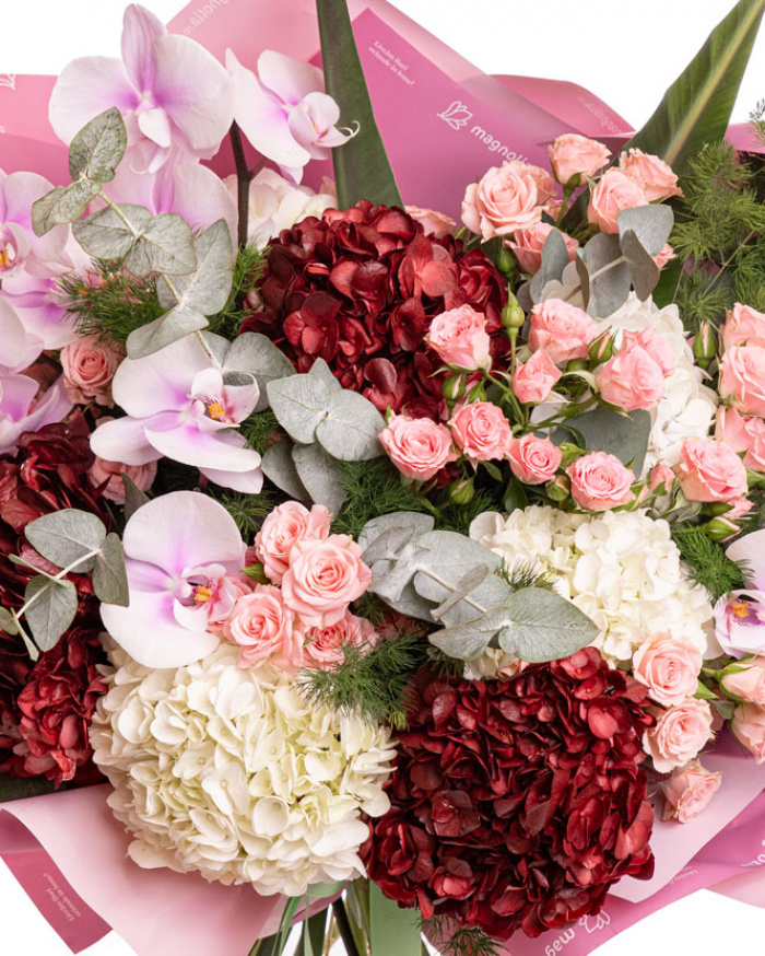Buchet hortensii si orhidee, varianta premium