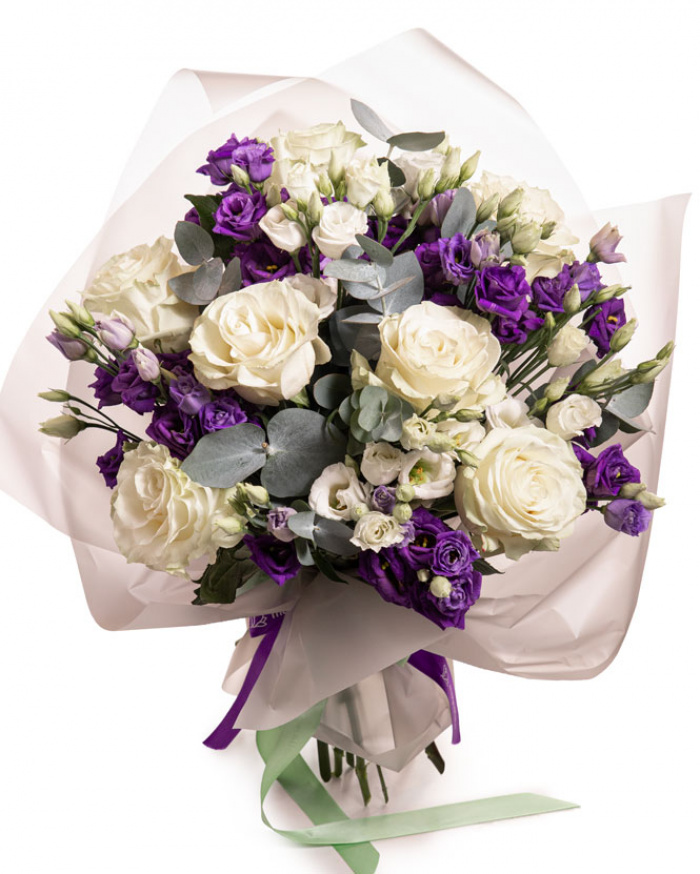 Bouquet with white roses and irises